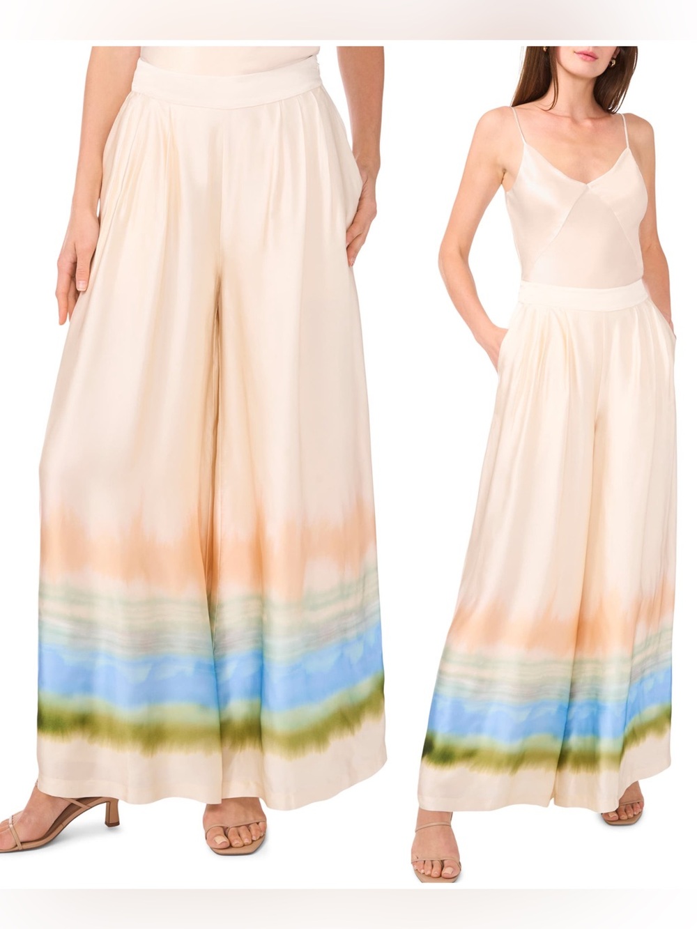 Parker Jessie Viscose Cream Wide-Leg Palazzo Watercolor Hem Pants NWOT $229